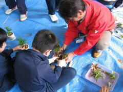 生徒と一緒に作業をする委員長